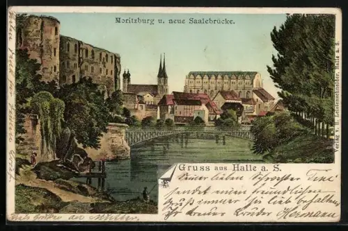 Lithographie Halle / Saale, Moritzburg und neue Saalebrücke