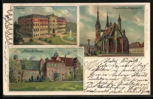 Lithographie Köthen / Anhalt, Akademie, Altes Schloss, St. Jacobikirche und Kriegerdenkmal