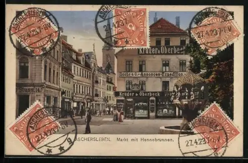 AK Aschersleben, Markt mit Geschäften und Hennebrunnen