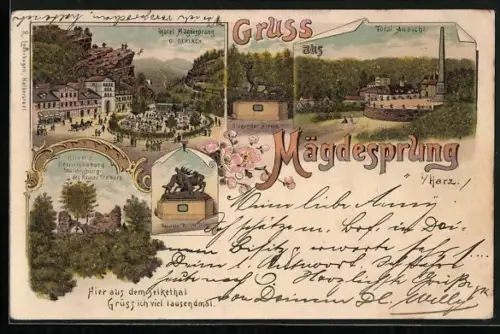 Lithographie Mägdesprung i. Harz, Hotel Mägdesprung, Ruine Heinrichsburg Stammburg des Hauses Stolberg, Besiegter Hirsch