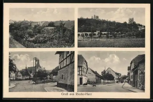 AK Rieder /Harz, Strassenpartie mit Kirche, Ruine, Ortspartie