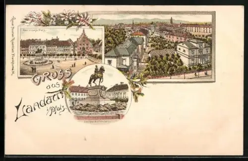 Lithographie Landau / Pfalz, Max-Josefs-Platz, Luitpoldbrunnen und Ortsansicht