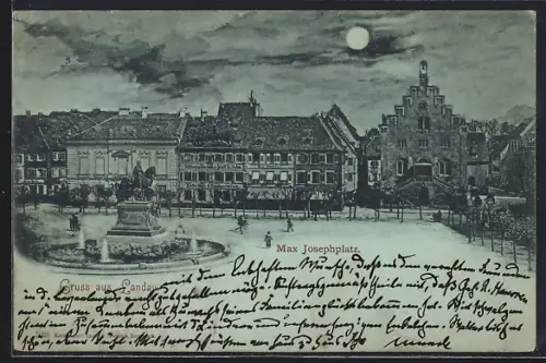 Mondschein-AK Landau / Pfalz, Max Josephplatz bei Nacht