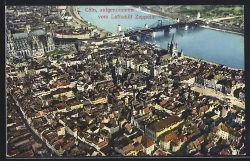 AK Köln, Luftaufnahme vom Luftschiff Zeppelin