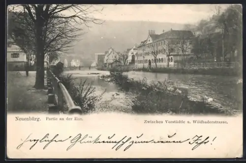 AK Neuenbürg / Enz, Partie an der Enz, zwischen Vorstadtle und Wildbaderstrasse