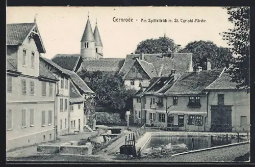 AK Gernrode / Harz, Am Spittelteich, St. Cyriakus-Kirche