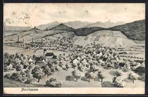Künstler-AK Merzhausen / Breisgau, Ortsansicht mit Kirche und umliegender Landschaft