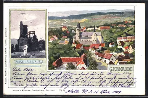 Lithographie Gernrode / Harz, Ruine Lauenburg, Ortsansicht mit Kirche