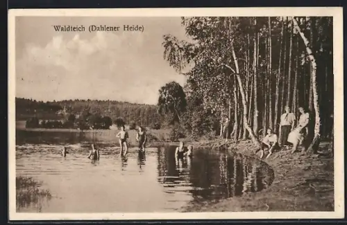 AK Dahlen / Sa., Waldteich / Dahlener Heide, Ufer mit badenen Menschen