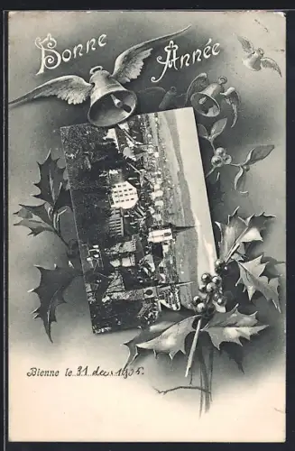 AK Bienne, Teilansicht, Glocke mit Flügeln, Neujahrsgruss