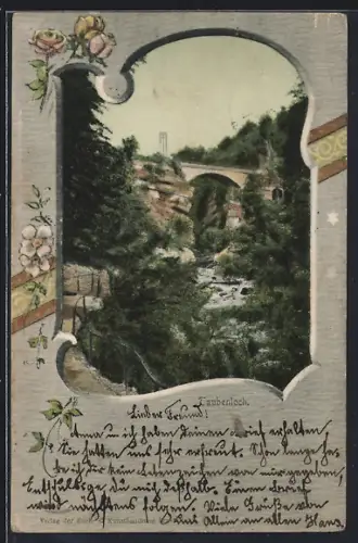 AK Taubenloch, Ortspartie mit Brücke, Rosen, Passepartout