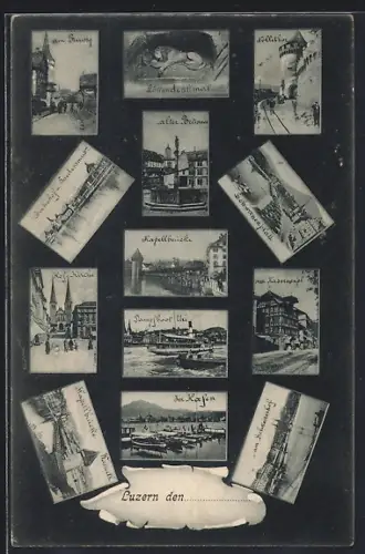 AK Luzern, Bahnhof und Friedensmuseum, Hafen, Kapellbrücke