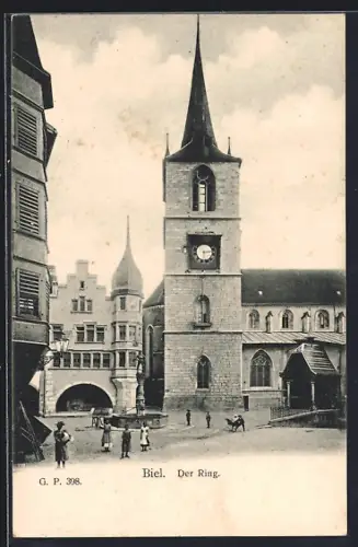 AK Biel, Strasse Ring mit Kirche und Brunnen