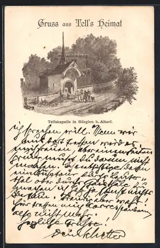 Lithographie Bürglen b. Altorf, Tellskapelle