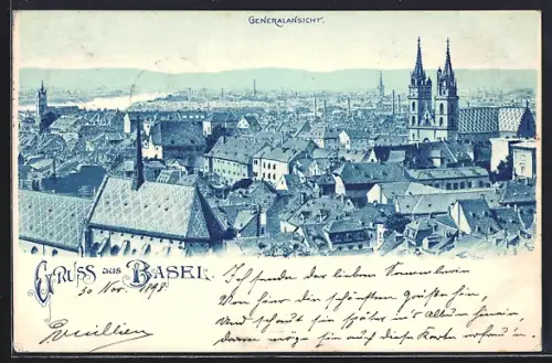 Lithographie Basel, Generalansicht mit Kirche