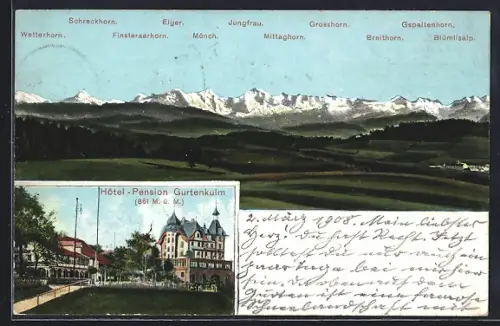 AK Köniz, Hotel und Pension Gurtenkulm mit Blick auf den Mönch und den Eiger