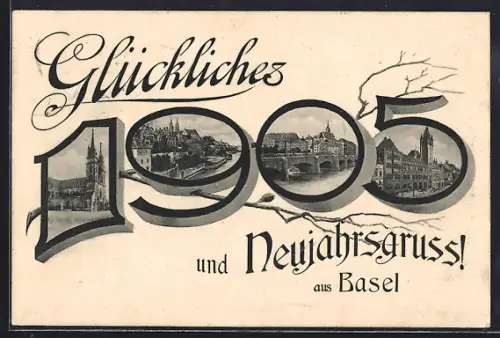 AK Basel, Kirche, Brücke und Uferpartie in Jahreszahl 1905, Neujahrsgruss, Passepartout