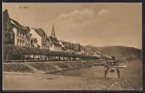 AK St. Goar, Uferpartie mit Dampfboot