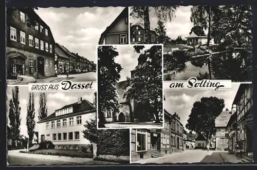 AK Dassel am Solling, Strassenpartie mit Geschäften, Drogerie K. O. Müller, Uferpartie