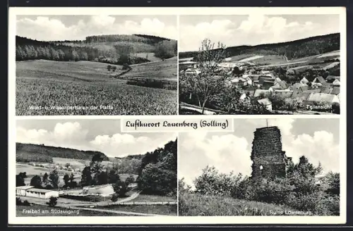 AK Lauenberg /Solling, Ruine Löwenburg, Freibad am Südausgang, Wald- und Wiesenpartie an der Platte