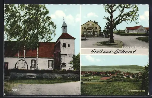 AK Lüthorst, Schule und Sparkasse, Kirche, Gesamtansicht