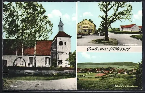 AK Lüthorst, Schule und Sparkasse, Kirche, Gesamtansicht