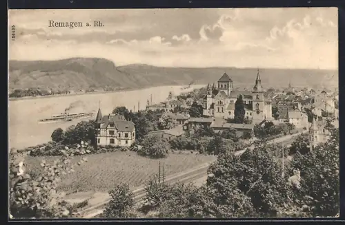 AK Remagen a. Rh., Teilansicht mit Kirche, Reklame für Wieses Milch-Chocolade