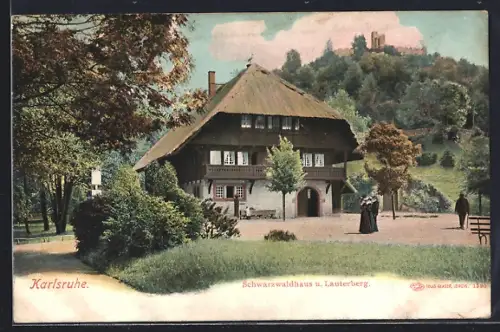 AK Karlsruhe, Schwarzwaldhaus und Lauterberg mit Leuten