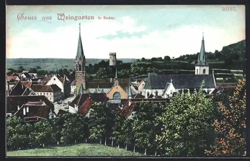 AK Weingarten in Baden, Teilansicht mit Kirche und Strassenpartie