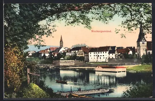 AK Neckargemünd, Ortsansicht mit Neckar-Partie, Hotel und Pension zur Pfalz