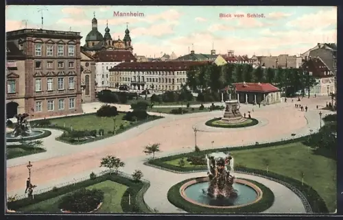 AK Mannheim, Blick vom Schloss mit Denkmal