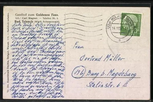 AK Bad Teinach /Württ. Schwarzwald, Gasthof zum Goldenen Fass Carl Wagner