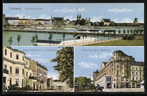 AK Coblenz, Ortsansicht mit Brücke, Kommandantur u. Lindenallee, Hotel Coblenzer Hof, Bellevue