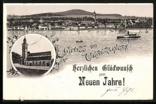 Lithographie Ueberlingen / Bodensee, Teilansicht, Kirche, Neujahrsgruss