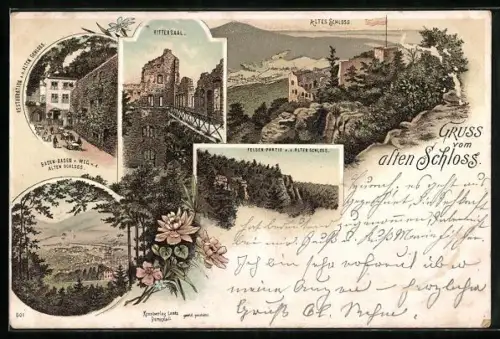 Lithographie Baden-Baden, Altes Schloss, Rittersaal, Ortsansicht