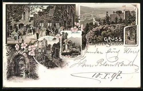 Lithographie Baden-Baden, altes Schloss, Gasthof v. A. Keller, Felsenbrücke und Rittersaal