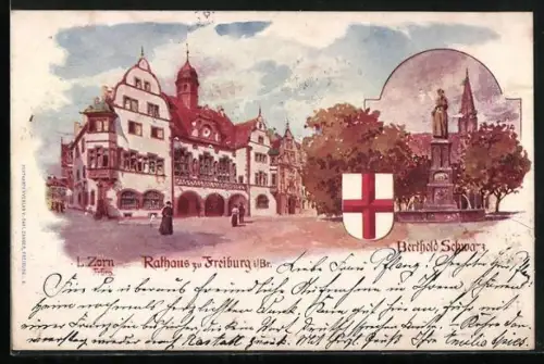 Künstler-AK Ludwig Zorn: Freiburg / Breisgau, Rathaus mit Wappen und Berthold Schwarz Denkmal
