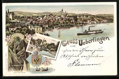 Lithographie Ueberlingen / Bodensee, Teilansicht, Hafen, Hödinger Tobel