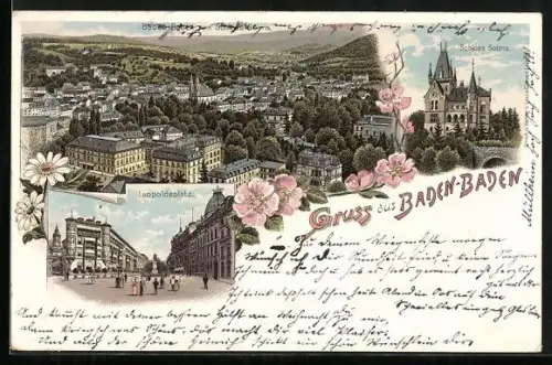 Lithographie Baden-Baden, Ortsansicht vom Schloss aus, Schloss Solms, Leopoldsplatz