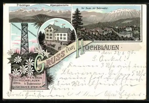 Lithographie Hochblauen, Hotel-Pension Hochblauen, Aussichtsturm, Alpenpanorama