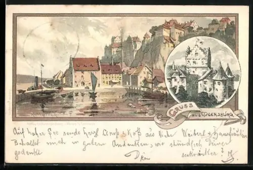 Künstler-AK K. Mutter: Meersburg, Hafenpartie mit Segelschiffen, Burg