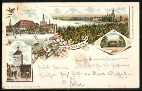 Lithographie Konstanz, Conciliumsgebäude, Schnetztor, Husdenkmal