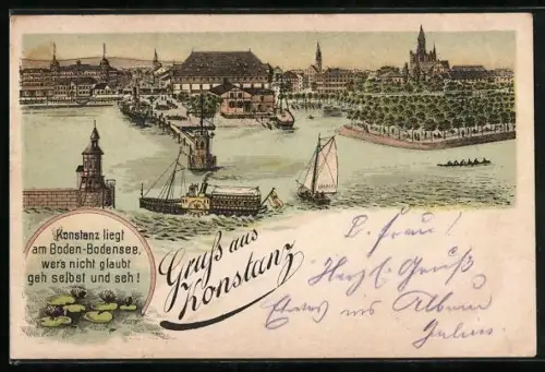 Lithographie Konstanz /Bodensee, Uferaprtie mit Dampfer Kaiser Wilhelm