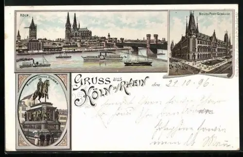 Lithographie Köln, Denkmal Friedrich Wilhelm II., Neues Postgebäude, Teilansicht vom Rhein aus