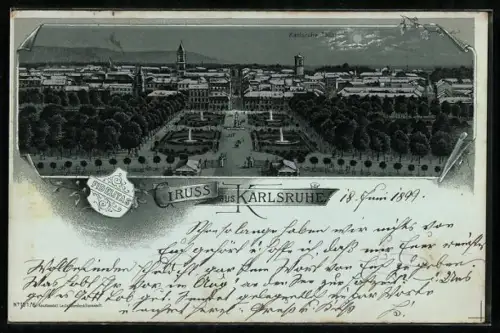 Mondschein-Lithographie Karlsruhe, Totalansicht mit Schloss