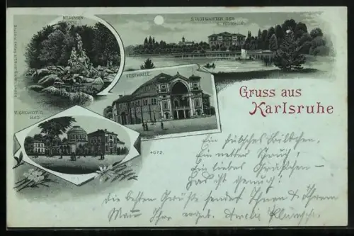 Mondschein-Lithographie Karlsruhe, Stadtgarten See und Festhalle, Nymphen-Gruppe, Vierordts Bad