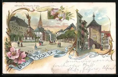 Lithographie Freiburg i. B., Martin`s Thor, Siegesdenkmal