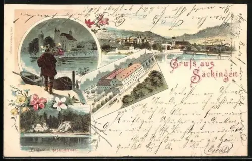 Lithographie Säckingen, Bad-Hotel, Bergsee mit Scheffelfelsen, Schloss