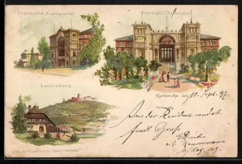 Lithographie Karlsruhe, Festhalle Nordportal, Festhalle Südportal, Lautenberg