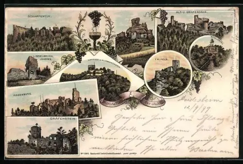 Lithographie Klingenmünster, Drachenfels, Trifels, Wegelnburg